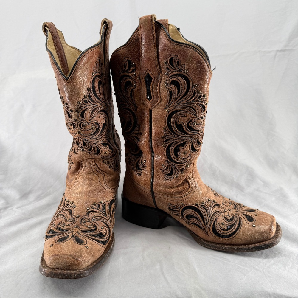 Corral Women's Cognac Leather with Black Sequin Inlaid Boot R1289 Size 5.5M